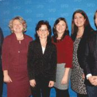 Die Kandidaten des SPD-Bezirks Niederbayern (v. l.): Landesvorsitzender Florian Pronold, MdB Rita Hagl-Kehl, die Landshuter Stadträtin Anja König, Juso-Bundesvorsitzende Johanna Uekermann und Bezirksvorsitzender Christian Flisek. Filiz Cetin (2. v. r.), L