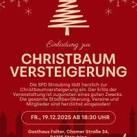 Roter Flyer mit stilisiertem Tannenbaum: Einladung zur Christbaumversteigerung der SPD Straubing am Freitag, 19.12.2025, ab 18:30 Uhr im Gasthaus Falter, Chamer Straße 34, 94315 Straubing.